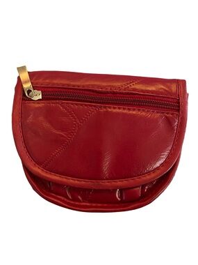 Vintage Hot Red Mini Patchwork Leather Zip Pouch Round Purse/Fanny Pack